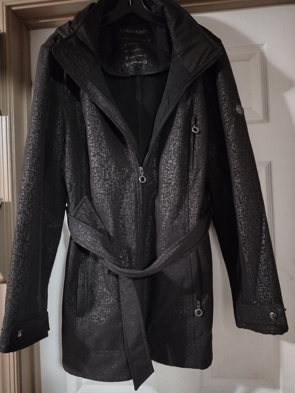 Calvin Klein Black Textured Belted Trench Coat